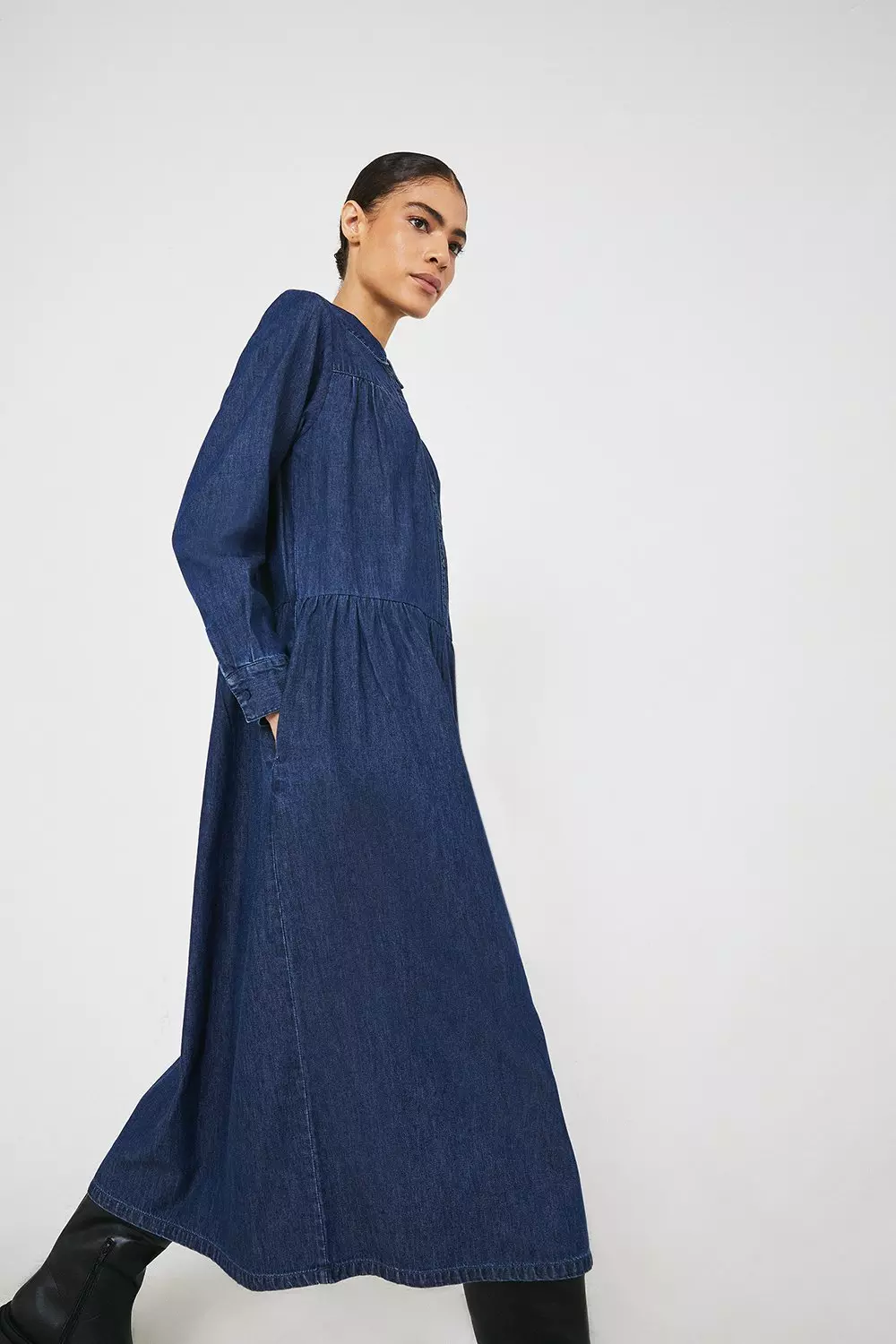 CHAMBRAY GATHERED DRESS blue